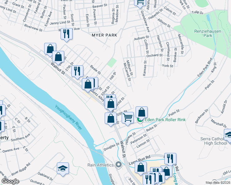 map of restaurants, bars, coffee shops, grocery stores, and more near 3211 Beale Street in McKeesport