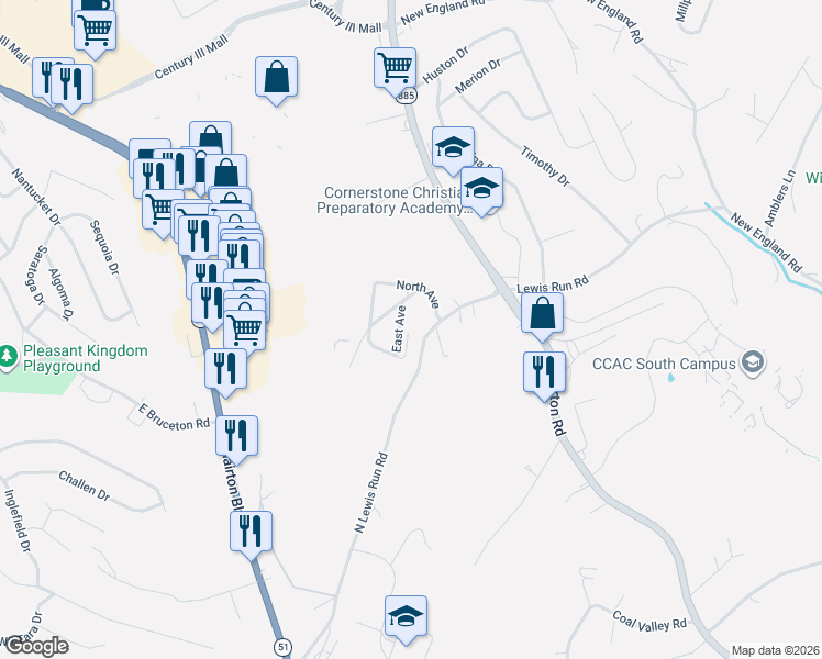 map of restaurants, bars, coffee shops, grocery stores, and more near 212 Evans Avenue in West Mifflin