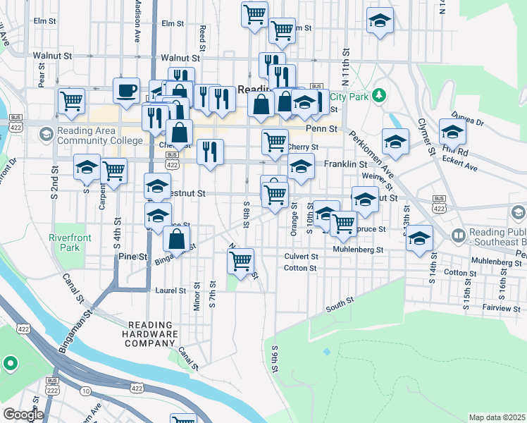 map of restaurants, bars, coffee shops, grocery stores, and more near 831 Bingaman Street in Reading