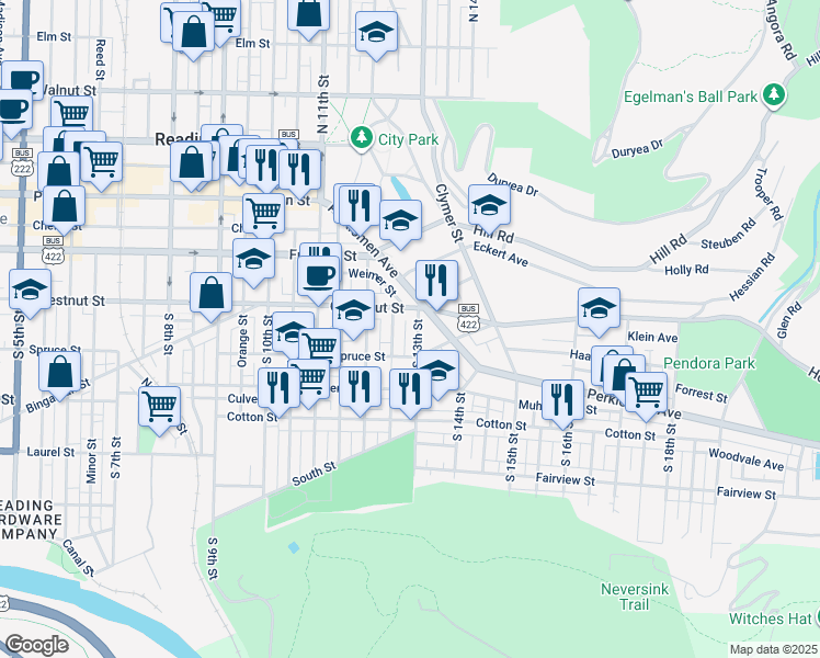 map of restaurants, bars, coffee shops, grocery stores, and more near 224 South 13th Street in Reading