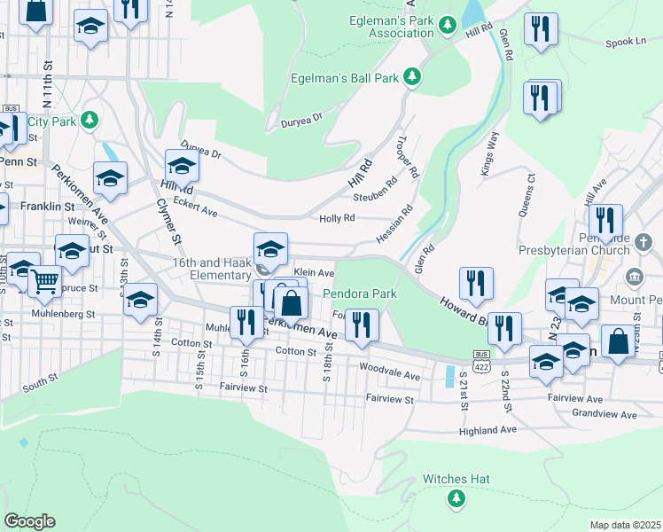 map of restaurants, bars, coffee shops, grocery stores, and more near 1746 Mineral Spring Road in Reading