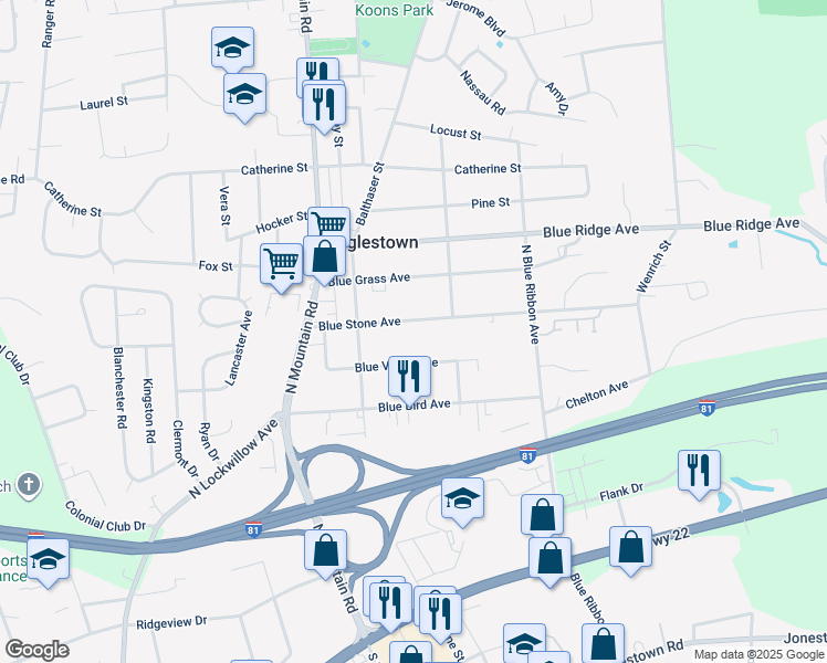 map of restaurants, bars, coffee shops, grocery stores, and more near 6117 Blue Stone Avenue in Harrisburg
