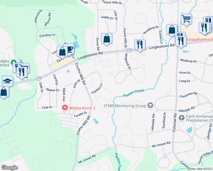 map of restaurants, bars, coffee shops, grocery stores, and more near 2023 Scott Meadow Court in Harrisburg