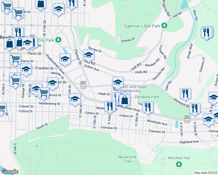 map of restaurants, bars, coffee shops, grocery stores, and more near 1568 Mineral Spring Road in Reading