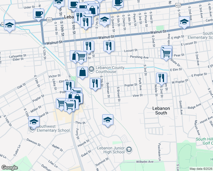 map of restaurants, bars, coffee shops, grocery stores, and more near 515 South 6th Street in Lebanon