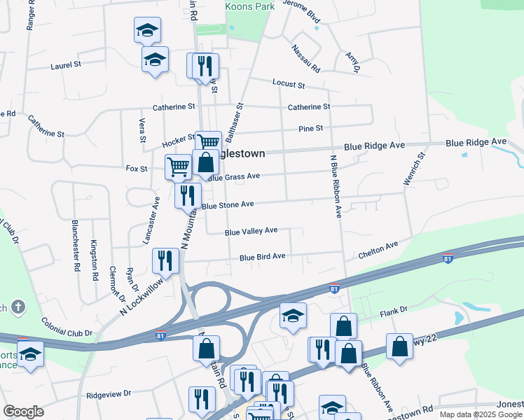 map of restaurants, bars, coffee shops, grocery stores, and more near 6117 Blue Stone Avenue in Harrisburg