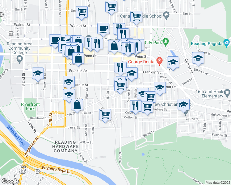 map of restaurants, bars, coffee shops, grocery stores, and more near 833 Bingaman Street in Reading