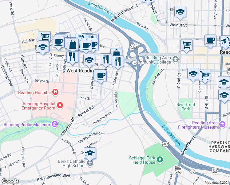 map of restaurants, bars, coffee shops, grocery stores, and more near 305 Linden Lane in West Reading