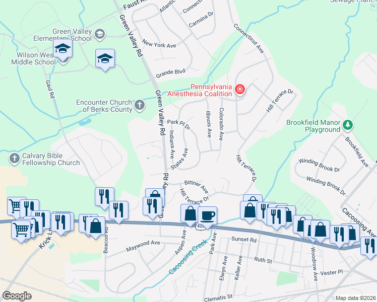 map of restaurants, bars, coffee shops, grocery stores, and more near 112 Park Place Drive in Sinking Spring