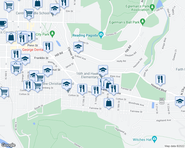 map of restaurants, bars, coffee shops, grocery stores, and more near 1552 Mineral Spring Road in Reading