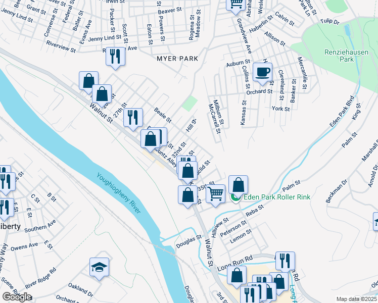 map of restaurants, bars, coffee shops, grocery stores, and more near 413 33rd Street in McKeesport