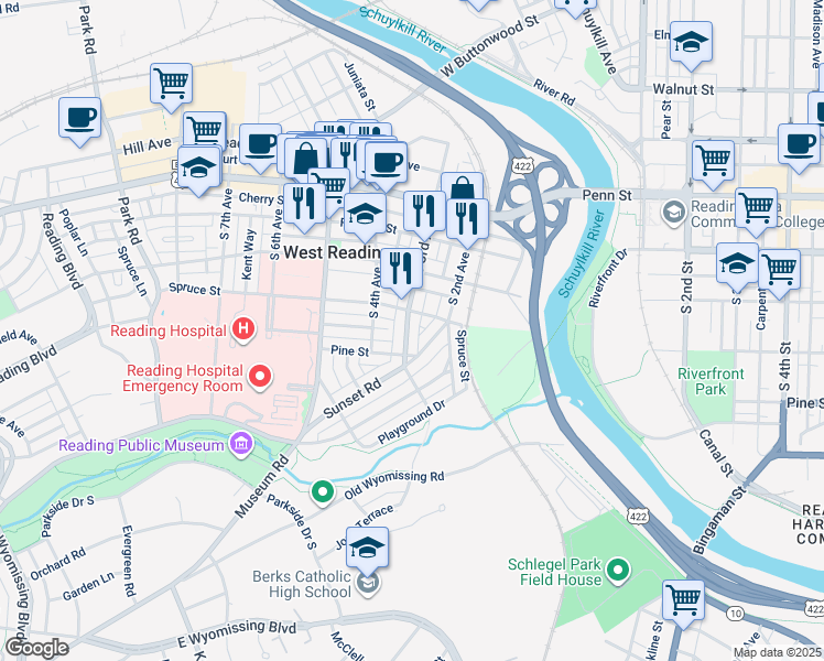 map of restaurants, bars, coffee shops, grocery stores, and more near 315 South 3rd Avenue in Reading