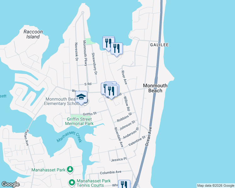 map of restaurants, bars, coffee shops, grocery stores, and more near 27 Beach Road in Monmouth Beach