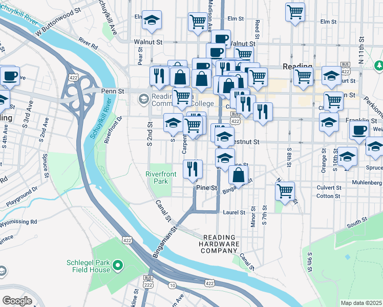 map of restaurants, bars, coffee shops, grocery stores, and more near 228 South 4th Street in Reading