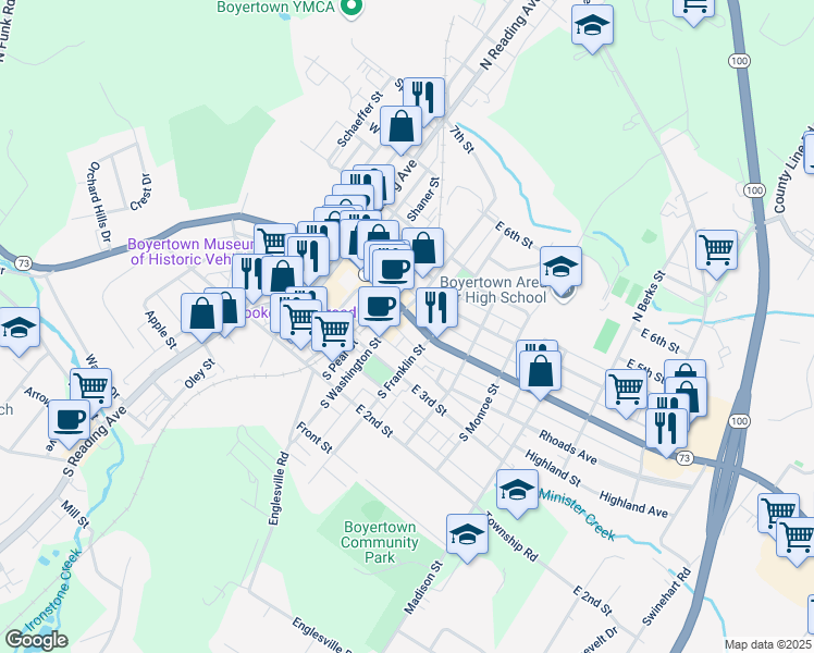 map of restaurants, bars, coffee shops, grocery stores, and more near 207 East Philadelphia Avenue in Boyertown