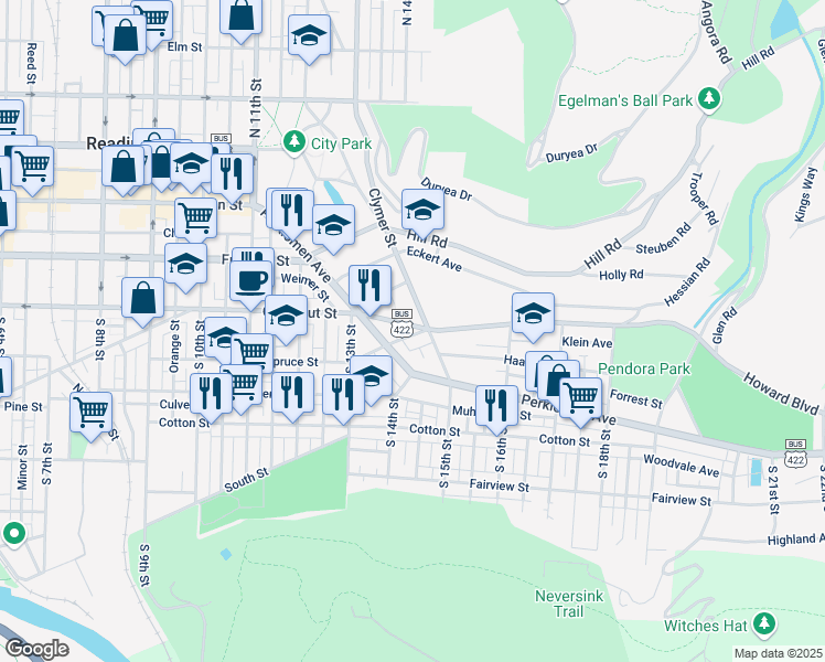 map of restaurants, bars, coffee shops, grocery stores, and more near 1345 Mineral Spring Road in Reading
