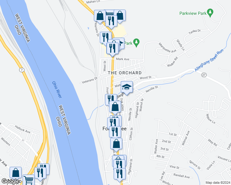 map of restaurants, bars, coffee shops, grocery stores, and more near 1201 Main Street in Follansbee