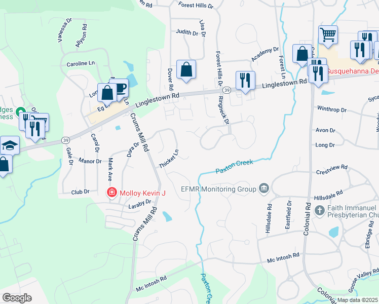 map of restaurants, bars, coffee shops, grocery stores, and more near 2023 Scott Meadow Court in Harrisburg