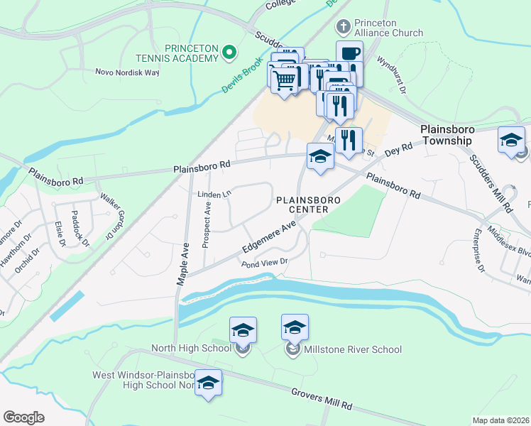 map of restaurants, bars, coffee shops, grocery stores, and more near 29 Linden Lane in Plainsboro Township