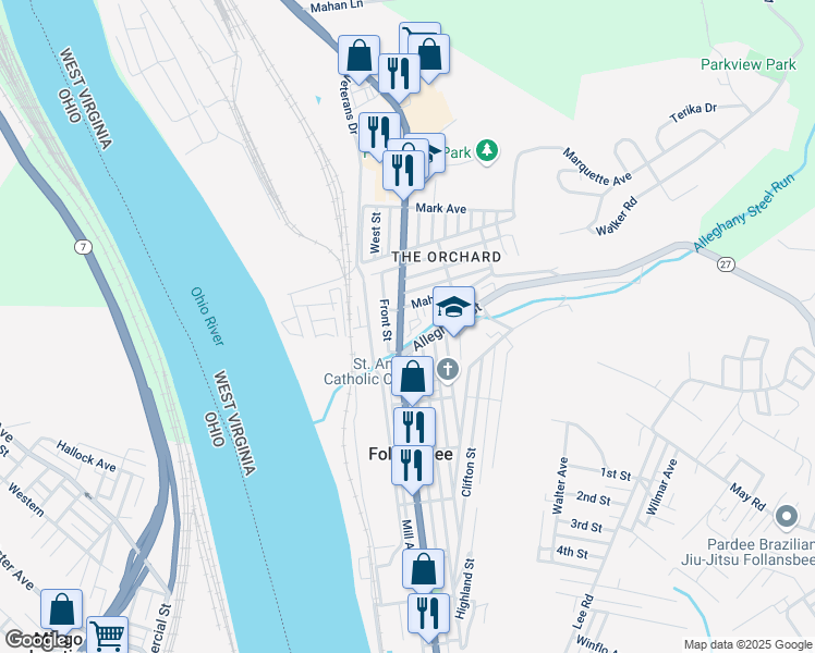map of restaurants, bars, coffee shops, grocery stores, and more near 1120 Main Street in Follansbee