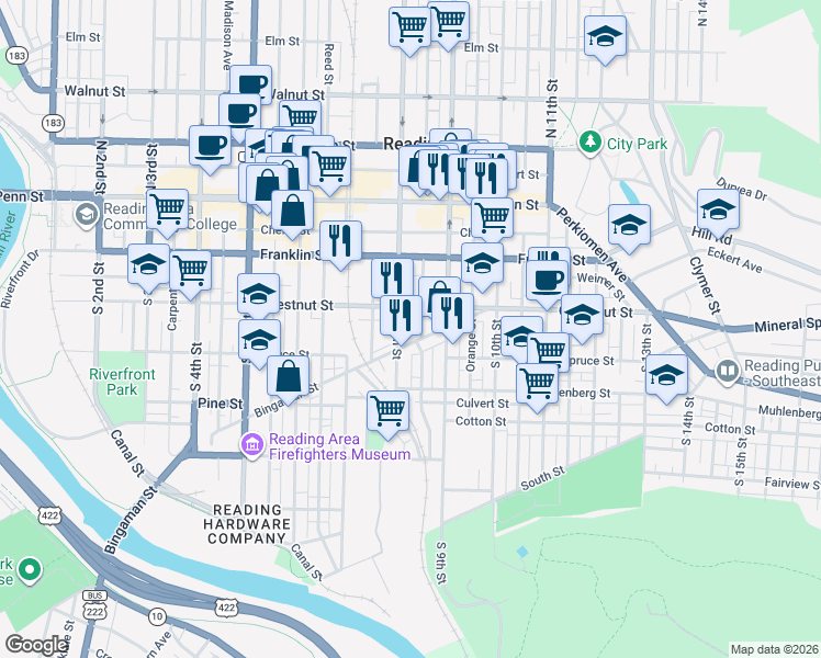 map of restaurants, bars, coffee shops, grocery stores, and more near 828 Chestnut Street in Reading