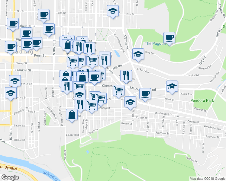 map of restaurants, bars, coffee shops, grocery stores, and more near 212 Chapel Terrace in Reading