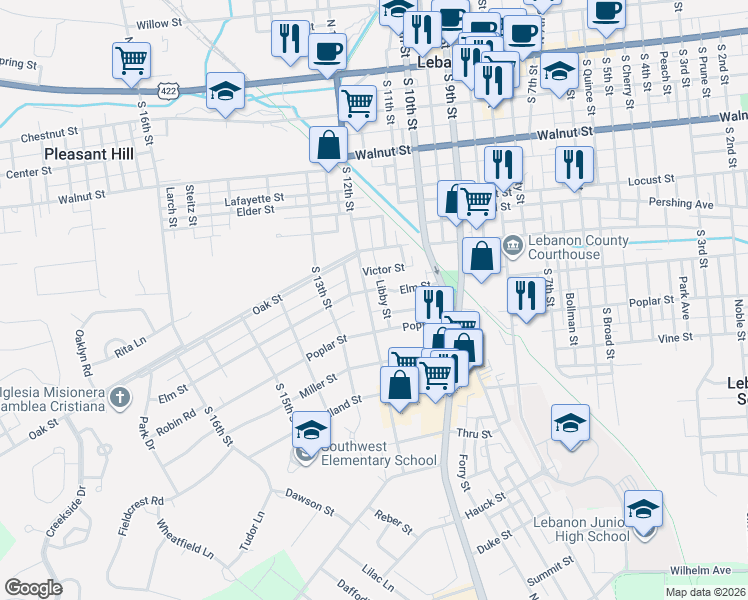 map of restaurants, bars, coffee shops, grocery stores, and more near 430 South 12th Street in Lebanon
