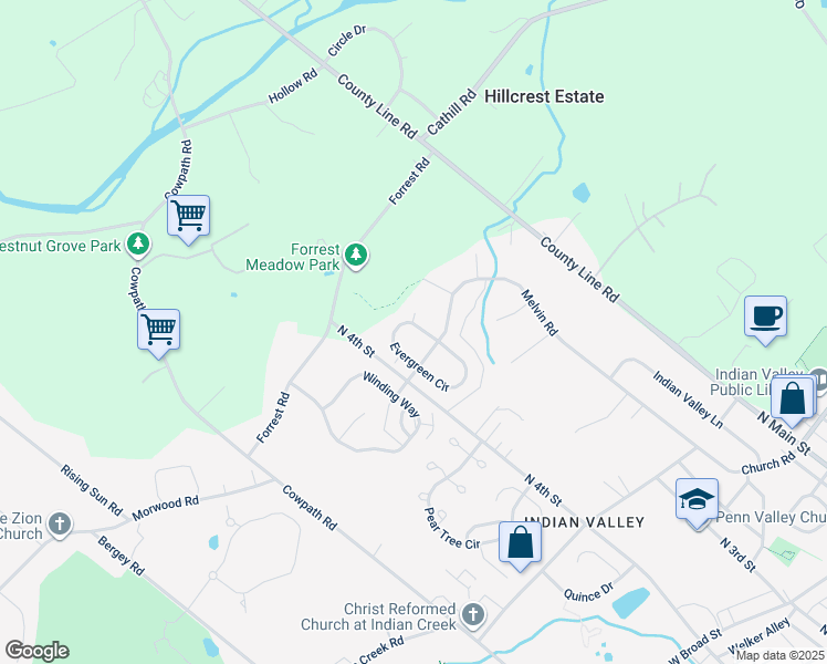 map of restaurants, bars, coffee shops, grocery stores, and more near 886 Evergreen Circle in Telford