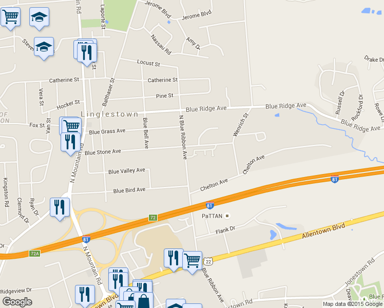 map of restaurants, bars, coffee shops, grocery stores, and more near 6302 Darlington Drive in Harrisburg