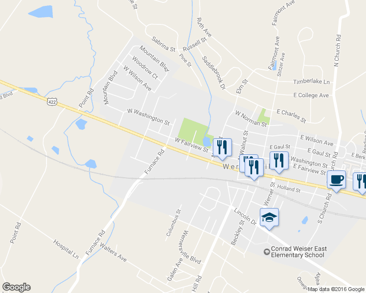 map of restaurants, bars, coffee shops, grocery stores, and more near 323 West Penn Avenue in Wernersville