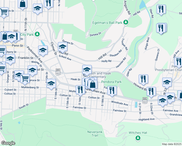 map of restaurants, bars, coffee shops, grocery stores, and more near 1619 Mineral Spring Road in Reading