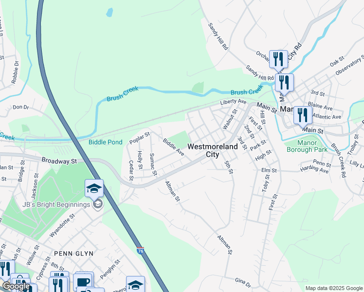 map of restaurants, bars, coffee shops, grocery stores, and more near in WESTMRLND CTY