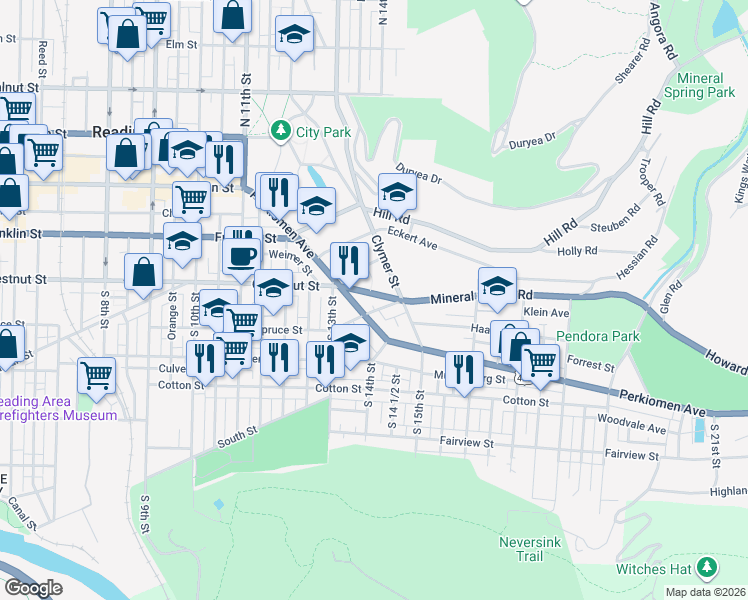 map of restaurants, bars, coffee shops, grocery stores, and more near 1345 Mineral Spring Road in Reading