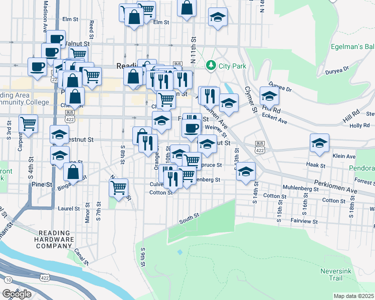 map of restaurants, bars, coffee shops, grocery stores, and more near 216 South 11th Street in Reading