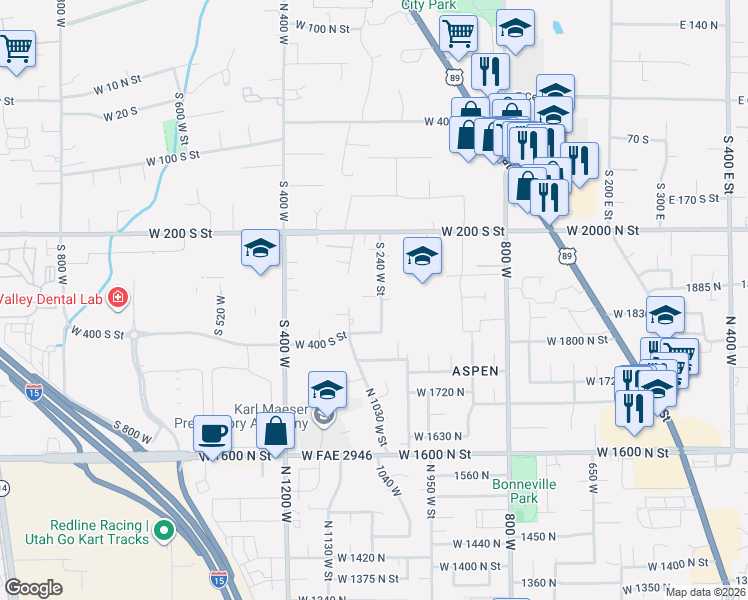 map of restaurants, bars, coffee shops, grocery stores, and more near 326 South 240 West Street in Lindon