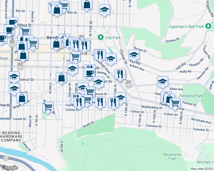 map of restaurants, bars, coffee shops, grocery stores, and more near 1229 Chestnut Street in Reading