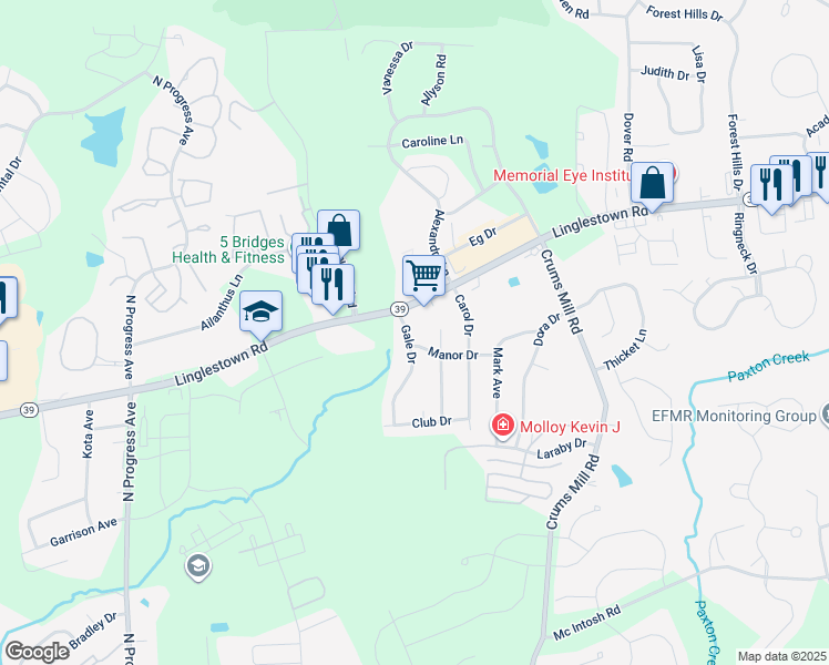 map of restaurants, bars, coffee shops, grocery stores, and more near 3810 Manor Drive in Harrisburg