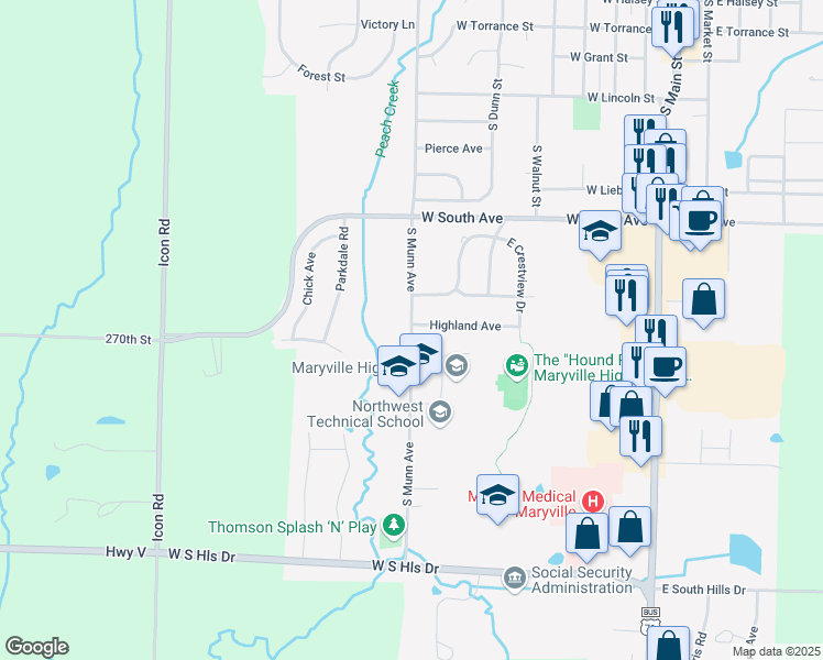map of restaurants, bars, coffee shops, grocery stores, and more near 1515 South Munn Avenue in Maryville