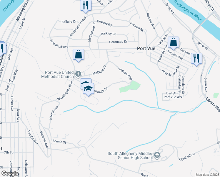 map of restaurants, bars, coffee shops, grocery stores, and more near 1155 Portsmouth Drive in McKeesport