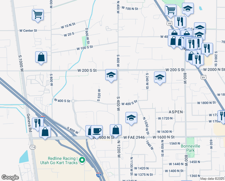 map of restaurants, bars, coffee shops, grocery stores, and more near 350 South 400 West in Lindon