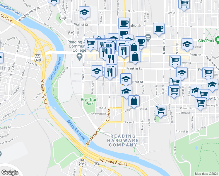 map of restaurants, bars, coffee shops, grocery stores, and more near 226 South 4th Street in Reading