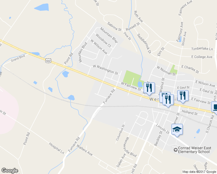 map of restaurants, bars, coffee shops, grocery stores, and more near 436 West Penn Avenue in Wernersville