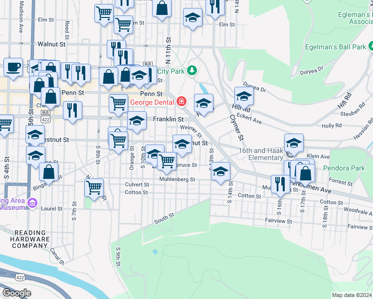 map of restaurants, bars, coffee shops, grocery stores, and more near 212 South 12th Street in Reading