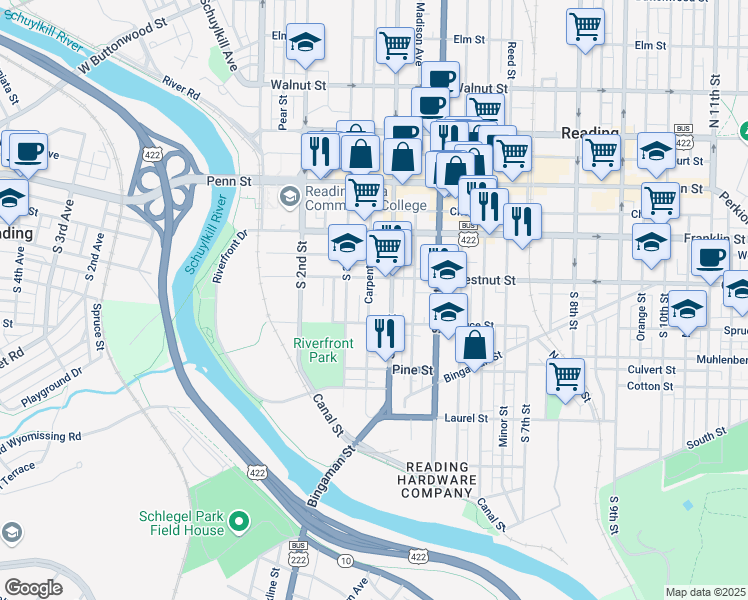 map of restaurants, bars, coffee shops, grocery stores, and more near 222 South 4th Street in Reading