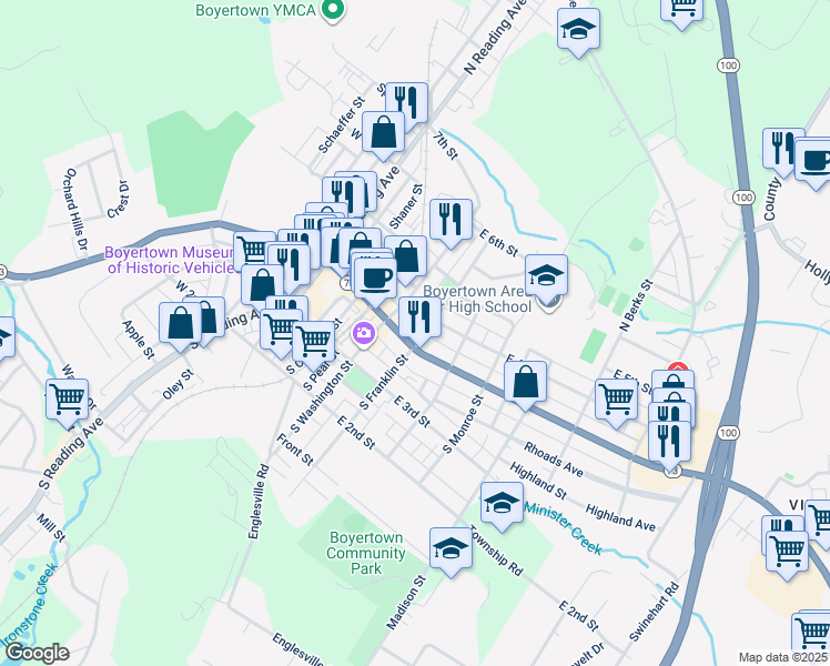 map of restaurants, bars, coffee shops, grocery stores, and more near 207 East Philadelphia Avenue in Boyertown