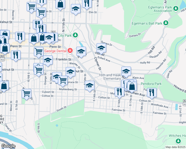 map of restaurants, bars, coffee shops, grocery stores, and more near 1345 Mineral Spring Road in Reading