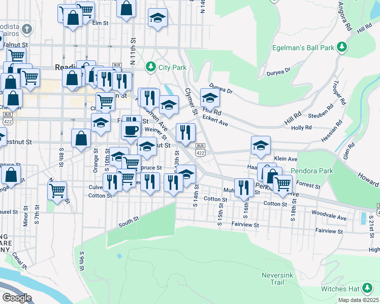map of restaurants, bars, coffee shops, grocery stores, and more near 1265 Perkiomen Avenue in Reading