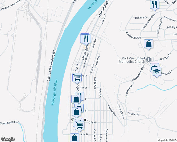 map of restaurants, bars, coffee shops, grocery stores, and more near 201 Erie Avenue in Glassport