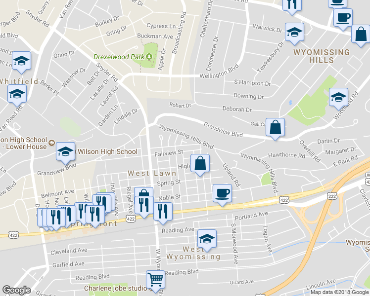 map of restaurants, bars, coffee shops, grocery stores, and more near 2127 Fairview Street in West Lawn