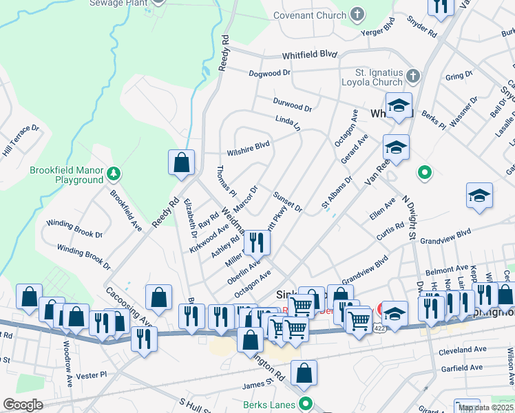 map of restaurants, bars, coffee shops, grocery stores, and more near 3101 Linda Lane in Reading